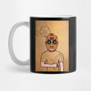 DaVinci-Inspired Indian Male Character with Blue Eyes and Egyptian Hieroglyph Background Mug